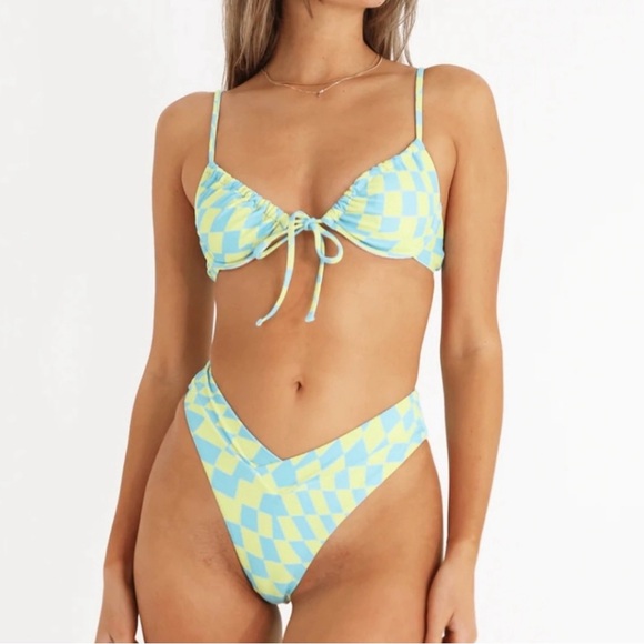 Aurelle Blue and Yellow Checkered Bikini Set - Picture 1 of 5